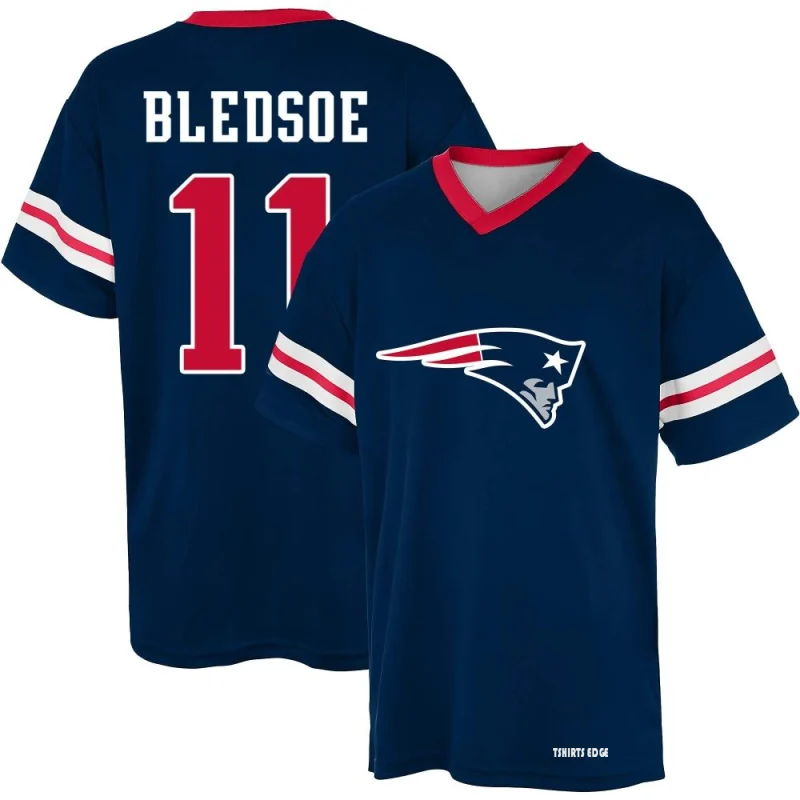 Drew Bledsoe Name & Number Game Day V-Neck T-Shirt - Navy - Tshirtsedge