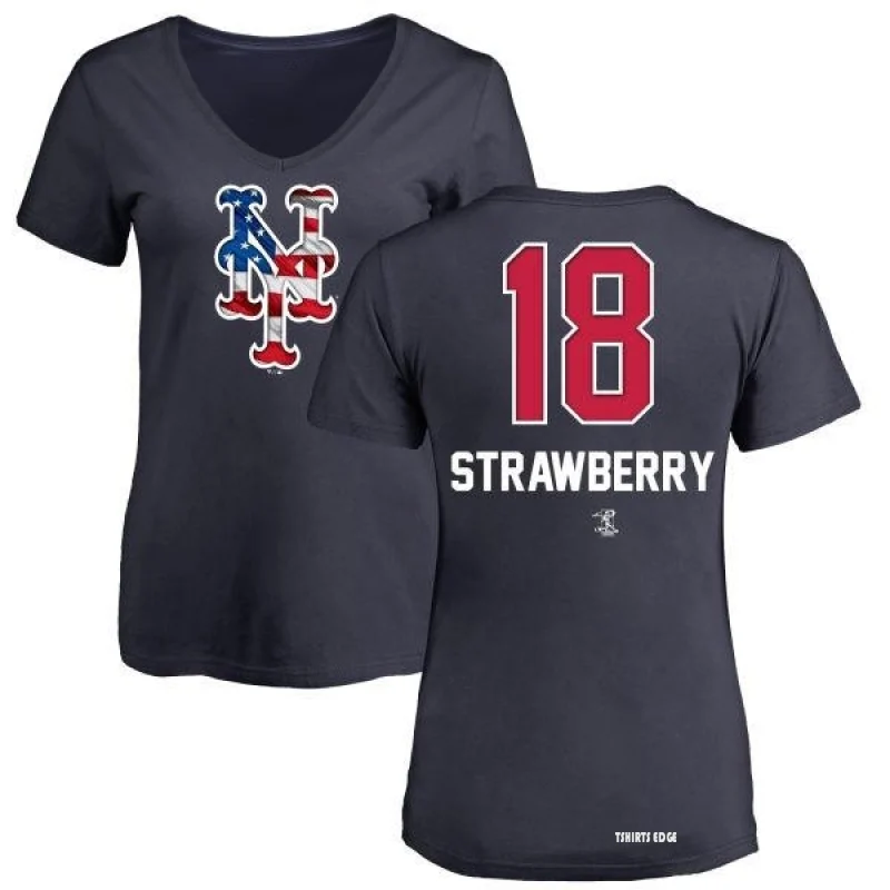 Women's Darryl Strawberry Name and Number Banner Wave V-Neck T-Shirt - Navy  - Tshirtsedge